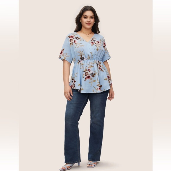 Bloomchic Plus Size Floral Print Wrap Ruffles Asymmetrical Hem Burgundy Blouse - Picture 5 of 5